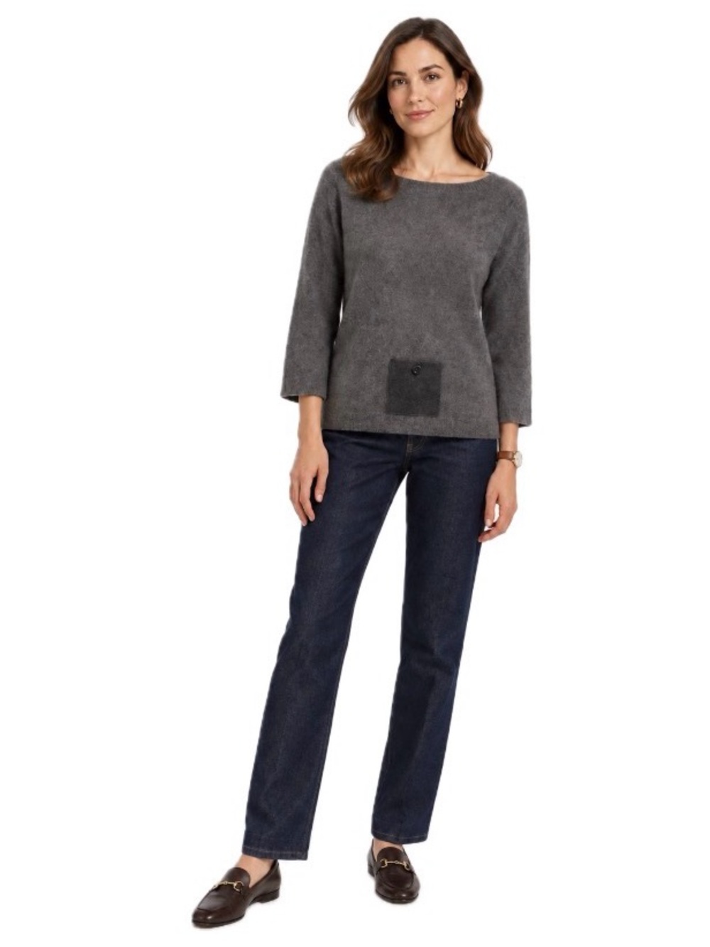 Evelyn Grace , 100% Cashmere Gray Sweater with Charcoal Pocket, Size L